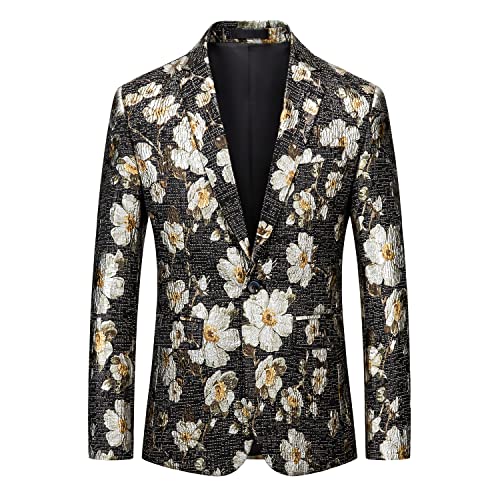 MOGU Mens Blazer Fashion Floral Casual Sports Coat Slim Fit Suit Jacket 34 White