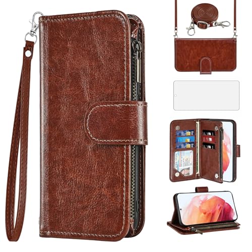 Porte-cartes pour Samsung Galaxy S21 5G, coque fermeture éclair avec support et bandoulière