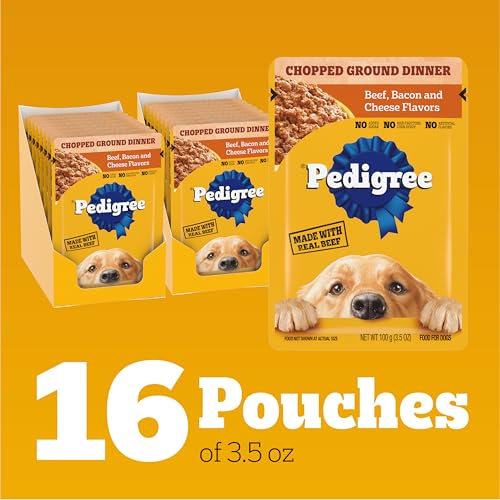 Image of Pedigree Chopped Dinner Wet Dog Food Pouch, Beef & Bacon, 3.5 oz, 16 Count