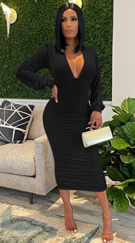 GOBLES Women's Sexy Deep V Neck Long Sleeve Ruched Bodycon Midi Party Dress3