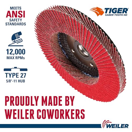 Image of Weiler 50133 Saber Tooth 5 /8 inch-11 Arbor, 4-1 /2 inch Diameter, 40 Grit, Ceramic, Phenolic Backing, Flat High Density Abrasive Flap Disc (Pack of 10)