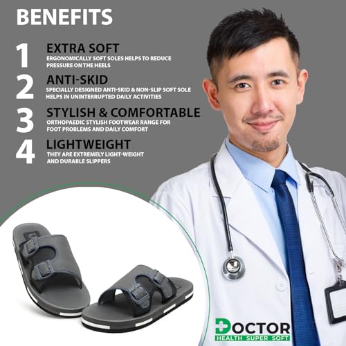 Image of DOCTOR HEALTH SUPER SOFT Men Comfortable Double Strap Slippers with Adjustable Buckles, Cushioned Footbed and Anti Slip Sole, Casual Everyday Wear Sliders for Indoor and Outdoor Use