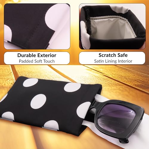 Polka Dots Soft Sunglasses case - Large Eyeglass case Squeeze Top - XL Glasses Holder w/Cloth, Medium To Oversized Frames, Smart Phone Case (CT8 POLKA Black & White)