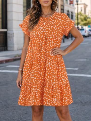 Image of Imysty Womens Boho Floral Ruffle Sleeve Babydoll Loose Flowy Casual Summer Pleated Mini Dress
