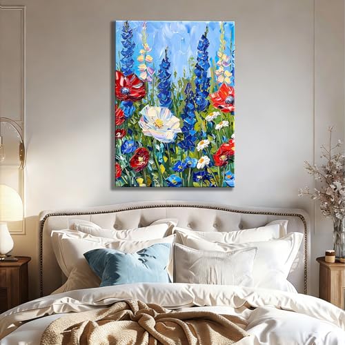 Image of Made USA Framed Red White Blue Wildflower Wall Art, Retro Bedroom Kitchen Wall Decor Rustic 4th of July Independence Day Canvas Prints Artwork, Classic Patriotic Pictures Home Decor