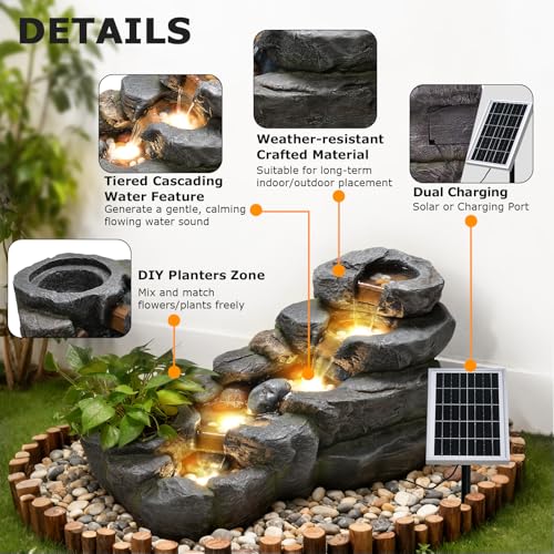 Image of 5-Tier Solar Water Fountain Outdoor Rock Waterfall Fountains