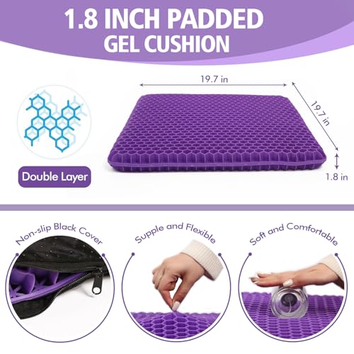 Image of Purple Gel Seat Cushion for Long Sitting, 20 inch Extra Large Double Thick Cooling Chair Cushions for Office Chair, Wheelchair, Car Seat, Stadium Seat Cushion, Game Chair Pads for Tailbone Pain Relief