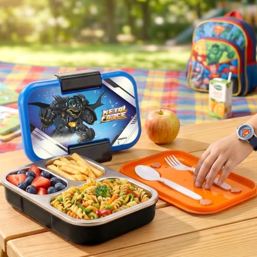 Image of Nayasa Marco Batman Print 2 Compartment Stainless Steel Insulated Lunch Box for Kids Boys | Vacuum Sealed Leak Proof Tiffin Box | 650 ml | Black & Blue