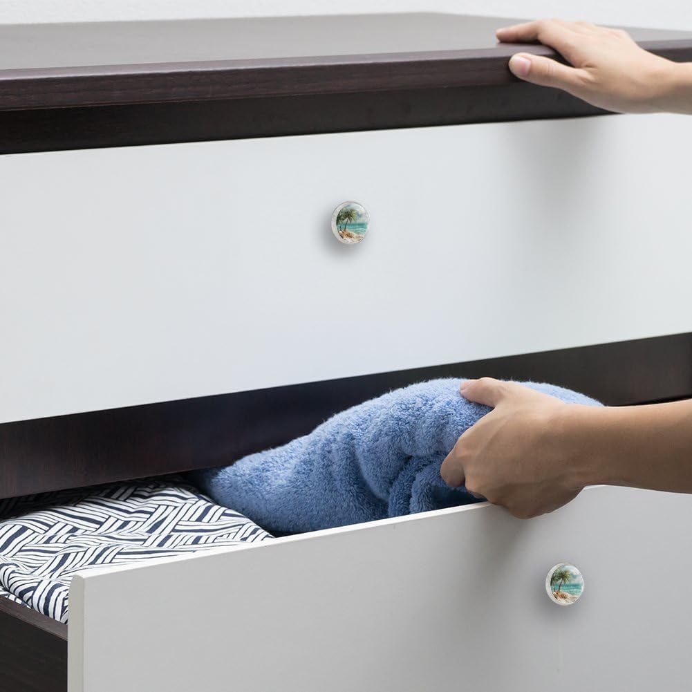 4 Pack Cabinet Knobs, Starfish Beach White Knobs with Screws Round Furniture Drawer Pulls Handle for Dresser Cupboard Wardrobe Closet Hardware