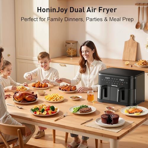 HoninJoy 12QT Large Air Fryer with Dual Basket (4QT+8QT), 13-in-1 Digital Touchscreen Double Zone Air Fryers with 50pcs Paper Liners, Sync & Dual, for Bake, Roast, Shake Reminder, Dishwasher Safe - Image 7