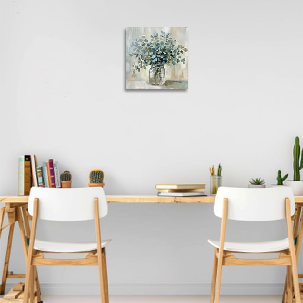 CGXLB Eucalyptus Pictures for Bathroom Eucalyptus Wall Decor Soothing Nature Wall Art Green and Blue Pictures Framed for Bedroom Kitchen 12"x12"