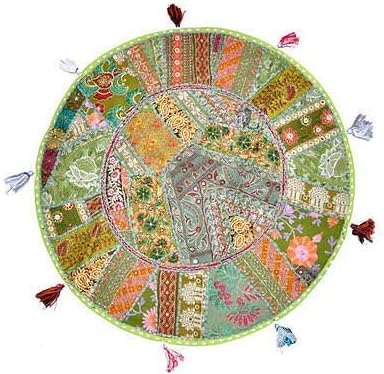 Sophia Art Round Floor Pillow Cushion Patchwork Pouf Ottoman Vintage Indian Foot Stool Bean Bag Floor Pillow Cover Home Decor Living Room Ottoman Bohemain Pillows (Light Green, 40 Inch)