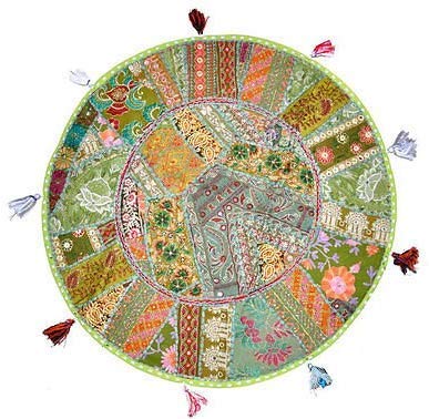 Sophia Art Round Floor Pillow Cushion Patchwork Pouf Ottoman Vintage Indian Foot Stool Bean Bag Floor Pillow Cover Home Decor Living Room Ottoman Bohemain Pillows (Light Green, 22 Inch)