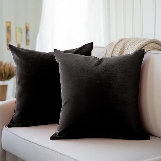 Encasa Christmas New Year VELVET Cushion Covers 2pc Set (50 x 50 cm) - Black Solid Plain Dyed, Soft & Smooth, Washable, Square Decorative Large Throw Pillow Case for Couch, Sofa, Chair, Bed