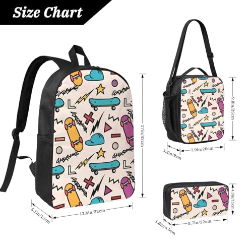Retro Roller Skates print Backpack Bookbag for Daily Use,3 Pcs Backpack Set with Lunch Box and Pencil Case4