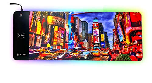 Modern Matrix NYC Oversized Premium Gaming Work Keyboard PC Mouse Pad Wireless Mat Fast Charging Smart-Phone Non-Slip LED Multiple Colors Glowing Times Square XXL