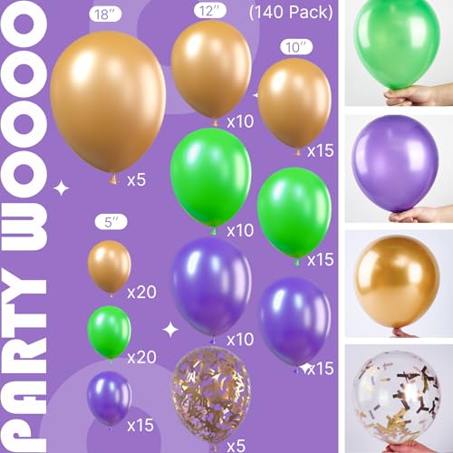 Image of PartyWoo Purple Gold and Green Balloon Arch Kit Garland 140pcs Different Sizes of 18 12 5 Inch Pearl Purple Gold Green Confetti Balloons for Mardi Gras Carnival Masquerade Birthday Party Decorations