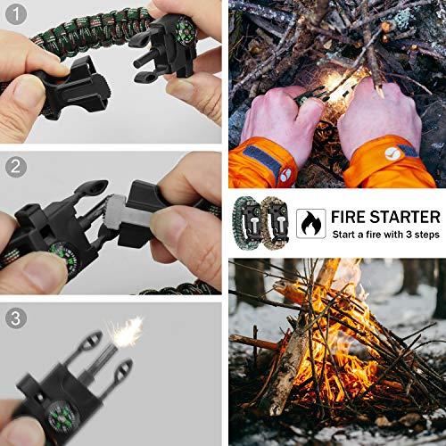 Wuqid Paracord Survival Bracelet Loud Whistle Emergency Compass Survival Fire Starter Scraper Accessories For Hiking, Camping, Fishing And Hunting (2 Pack) #TOP3