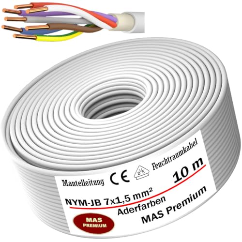 MAS Premium Feuchtraumkabel Stromkabel 5-100m Mantelleitung NYM-JZ 7x1,5 x2,5 NYM-JB 7x1,5 (Aderfarben) Elektro Strom Kabel Installationskabel OFC für feste Verlegung (NYM-JB 7x1,5, 10m)
