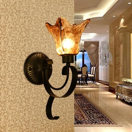 Lámpara de pared de estilo europeo, estilo retro americano, minimalista, de hierro, for mesita de noche, pantalla de vidrio estilo V-intage, casquillo E27, farol de pared antiguo, lámparas de techo