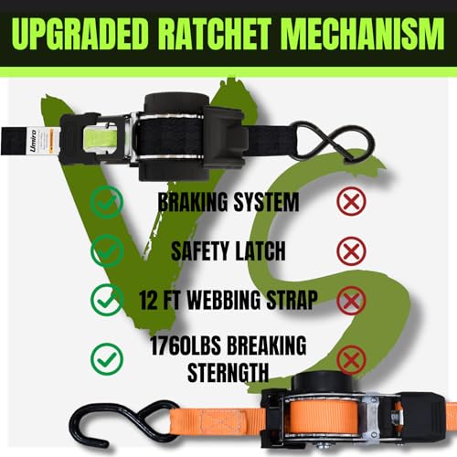Image of Retractable Ratchet Straps, 4-Pack, 1 Inch x 12 Feet Heavy Duty Tie Downs, 1760lb Break Strength, Self Retracting for Truck, Cargo, Trailer, Motorcycle, ATV, UTV (Black-Green, 4pack)