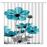 Teal and Grey Flower Shower Curtain Turquoise Blue Daisy Cosmos Floral Rustic Unique Elegant Wildflo