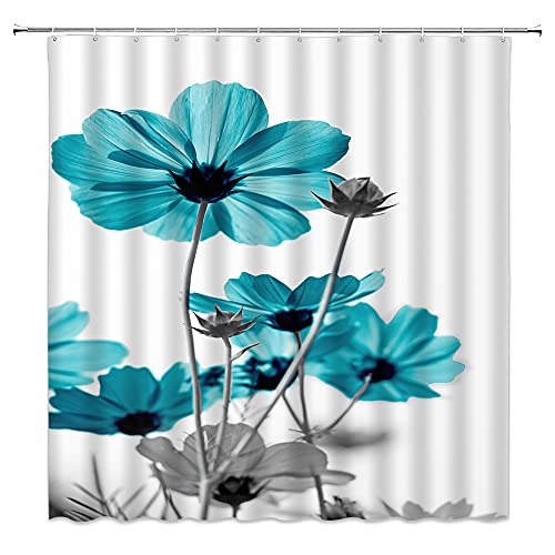 Teal And Grey Flower Shower Curtain Turquoise Blue Daisy Cosmos Floral Rustic Unique Elegant Wildflower Farmhouse Country Decor Fabric Bathroom Curtain With Hook #TOP5