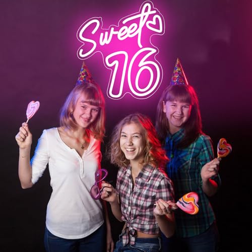 Image of Sweet Sixteen Neon Sign Sweet 16 Neon Light 16th Birthday Pink Led Neon Light for Bedroom Home Wall Decor Birthday Gifts for Girls with Dimmable Switch and USB Powered