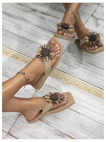OYOANGLE Women's Boho Floral Decor Straw Flip Flop Sandals Square Open Toe Slide Sandal Slippers3