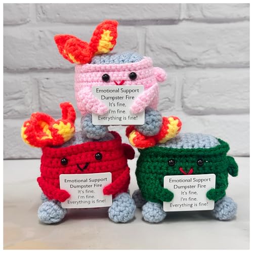 Image of RovyFota Emotional Support Crochet Dumpster Fire with Positive Card Cute Room Decor Knitted Toys Funny Crochet Support Buddies Gifts for Friends (Green&Pink&Red)