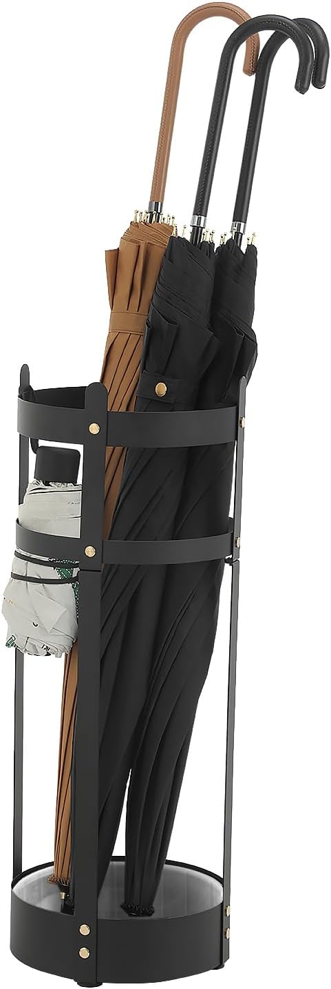 SONGMICS Umbrella Stand, Steel Round Umbrella Holder Rack, 7.7 x 7.7 x 21.7 Inches, with Detachable Drip Tray, for Entryway, Office, Stable, Assembly Required, Matte Black ULUC28BK