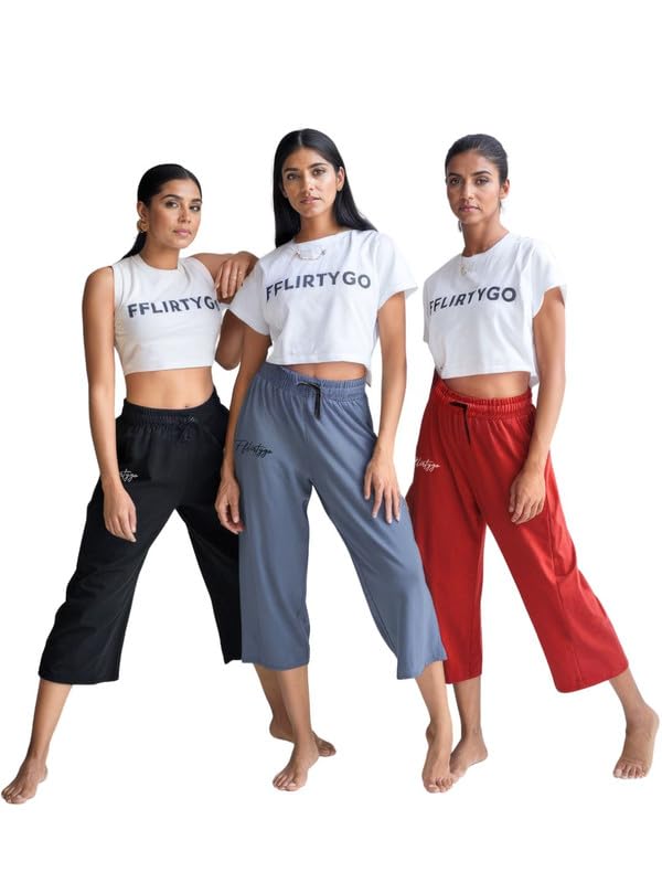 Fflirtygo Women's Cotton Plain Calf Length Capri | Nightwear Pyjama | 3/4th Solid Pyjama Pant | Casual wear & Lounge Wear Capri Combo (Pack of 3)