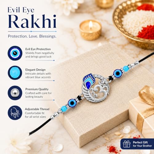 Image of Riddhika Ventures Religious Meenakari Om and Peacock Feather Rakhi With Roli Chawal And Greeting Card