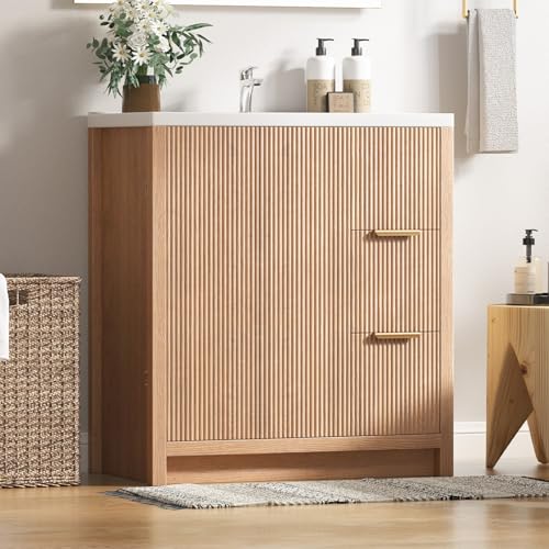 32" Bathroom Vanity with Sink, Free Standing Single Vanity Set with 2 Drawers & 2 Doors, Solid Wood Storage Cabinet with Ceramic Basin for Bathroom, Nature Oak by Koestem - Image 7