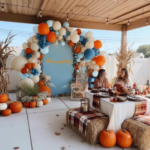 Image of Blue Orange White Balloon Arch Double Stuffed Balloon Kit for Fall Party | Orange Dusty Blue Sand White Balloon Garland for Autumn Baby Shower Cow Boy Girl Sport Party Decor