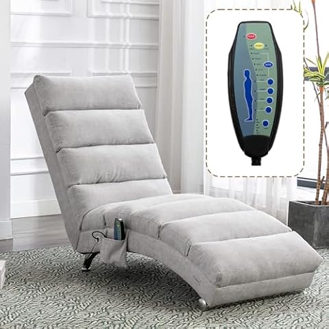 Chaise Lounge Chair Indoor, Linen Upholstered Massage Chair with 5 Modes, Ergonomic Electric Recliner Chair, Modern Long Lounger for Office Bedroom or Living Room (Light Grey) Cover
