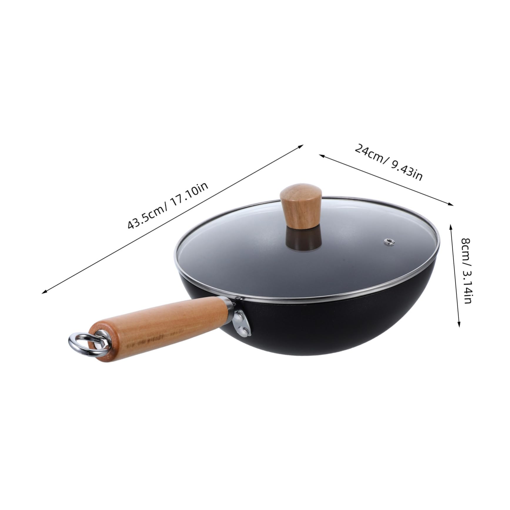 HEALLILY Padella in ferro con coperchio profondo antiaderente Wok design ergonomico manico in legno per cucina cucina comoda conservazione