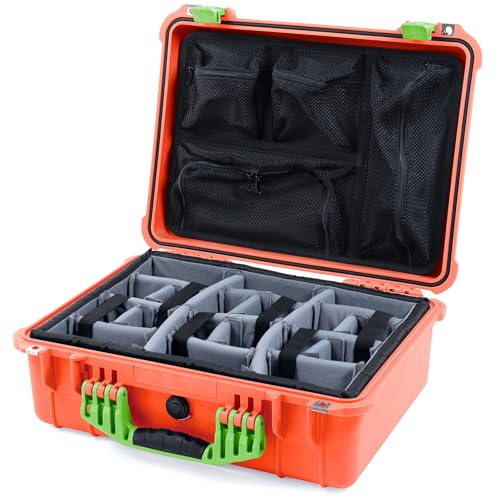 Pelican 1520 Case by ColorCase - Orange - Medium Size Waterproof Case with Grey Padded Dividers & Mesh Lid Organizer - Lime Green Handles & Latches