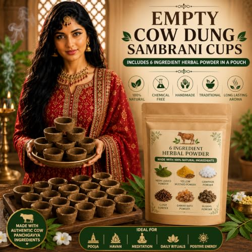 Image of Byre Cow Dung Panchgavya Sambrani Dhuni Cups (90 Pieces) with 250 Grams of Tulsi Leaves, Neem Leaves, Camphor, Sambrani Powder and Yellow Mustard (900) Gram
