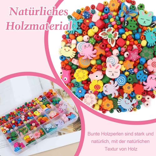 Holzperlen zum Auffädeln Kinder 530 Stk,Bunt Blumen&Tiere Perlen,mit Schnur – Ansicht 3