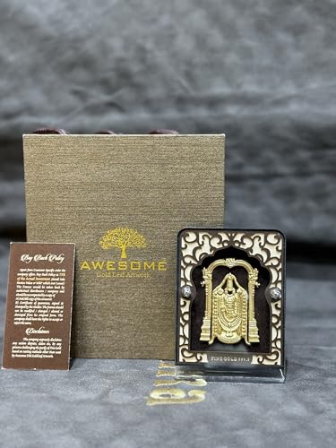 Image of Awesome Gold Leaf Balaji Religious Artwork, 24K Fine Gold 999.9, Decorative Frame with Stand