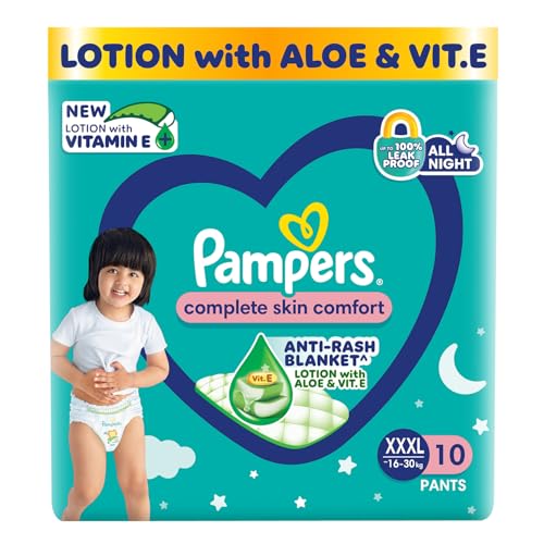 Image of Pampers Complete Skin Comfort Pants, Anti-rash blanket, Lotion with Vitamin E & Aloe Vera, Extra Extra Extra Large size baby diapers (XXXL) 10 Count, 16-30 kg