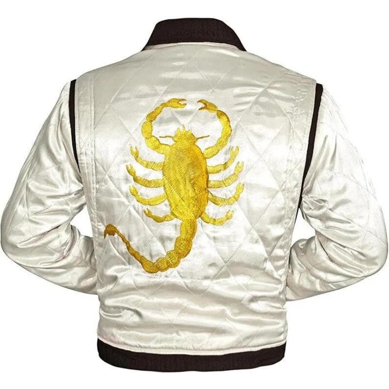 Ryan Gosling Drive Scorpion White Satin Lightweight Casual Bomber Varsity Sports Biker Drive Jacket