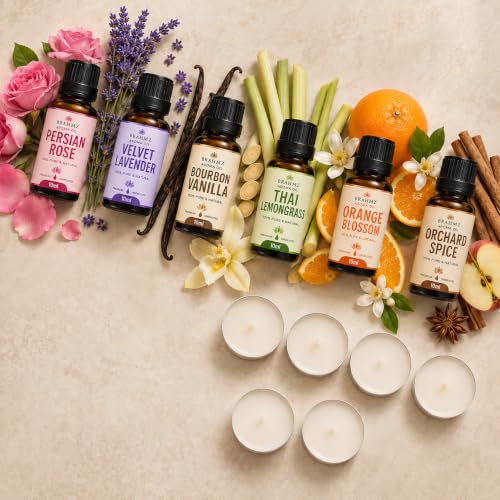 Image of BRAHMZ Aroma Oil Gift Set (10ml x 6) with 6 Tealight Candles | Home Fragrance Oils for Diffusers, Ceramic Oil Burners & Potpourri | Persian Rose, Lavender, Vanilla, Lemongrass, Orange Blossom & Orchard Spice