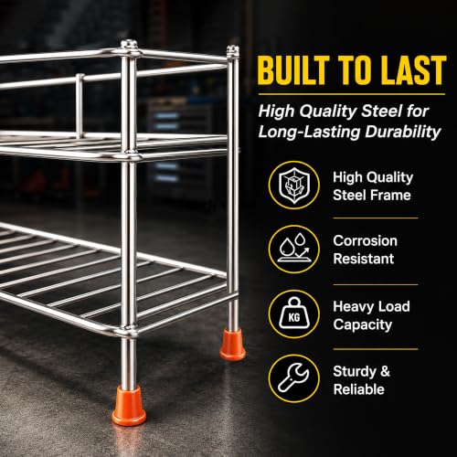 Image of GLUN Heavy-Duty 2-Tier Automotive Storage Rack, Metal Garage Organiser Shelf for Car Tools, Spare Parts, Cleaning Supplies & Workshop Utility Stand, Rust-Resistant Multi-Purpose Storage Accessories