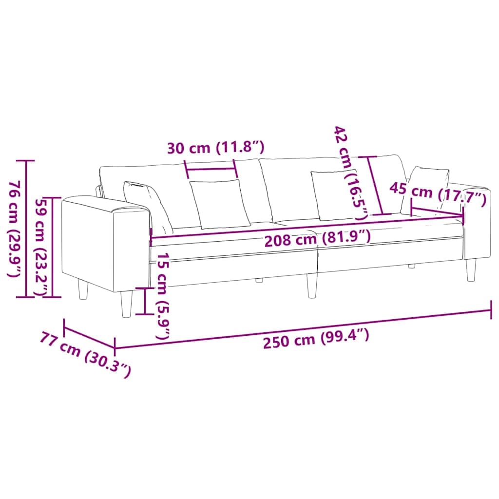 Sofá de 4 plazas, color topo, 250 x 77 x 76 cm, de tela aterciopelada, con diseño transpirable y patas de madera estables, moderno, para salón, dormitorio, oficina