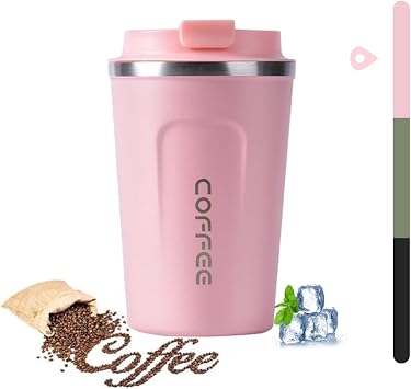 Coffee Cup, 380ml Reusable Travel Mug, Leakproof Double Wall Coffee Cup, Insulation Stainless Steel Travel Office Cup for Hot Cold Coffee Tea Drinks Pink, 380ml