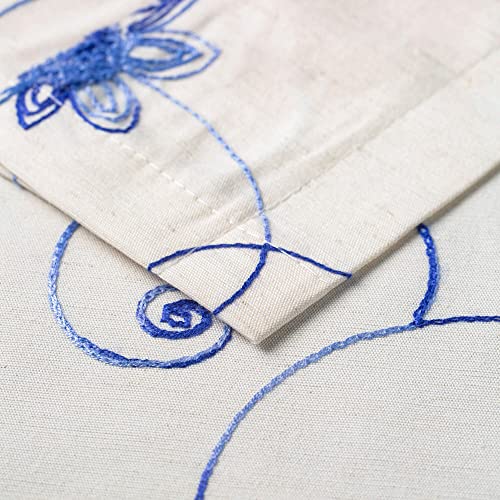 Image of VOGOL Linen Textured French Door Curtains, 40 Inches Long Floral Embroidered Rustic Door Panel, 1 Piece Rod Pocket Curtain for Front Glass Windows, Blue on Beige