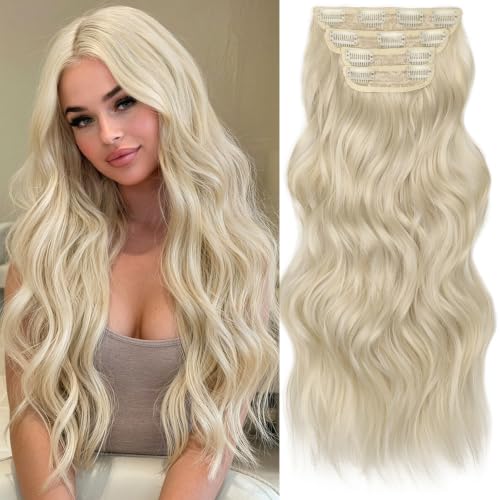 Image of KooKaStyle Clip in Synthetic Hair Extensions Long Wavy 4PCS Thick Hairpieces Platinum Blonde Fiber Double Weft Natural Hair Extensions 20 Inch for Women