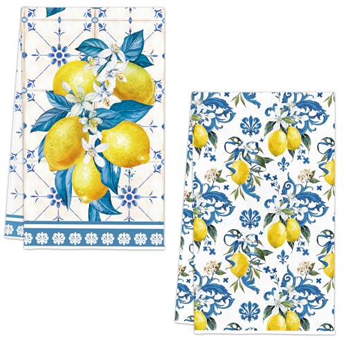 Image of FUTBU Lemon Summer Kitchen Towels, Bule Diamond Check Bamboo Lemon Dish Towels Set of 2 for Bathroom Decor, 18x26Inch Drying Dishcloth Farmhouse Holiday Summer Decoration
